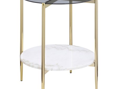 Jonelle Round Glass Top End Table White Marble Shelf Gold on Sale